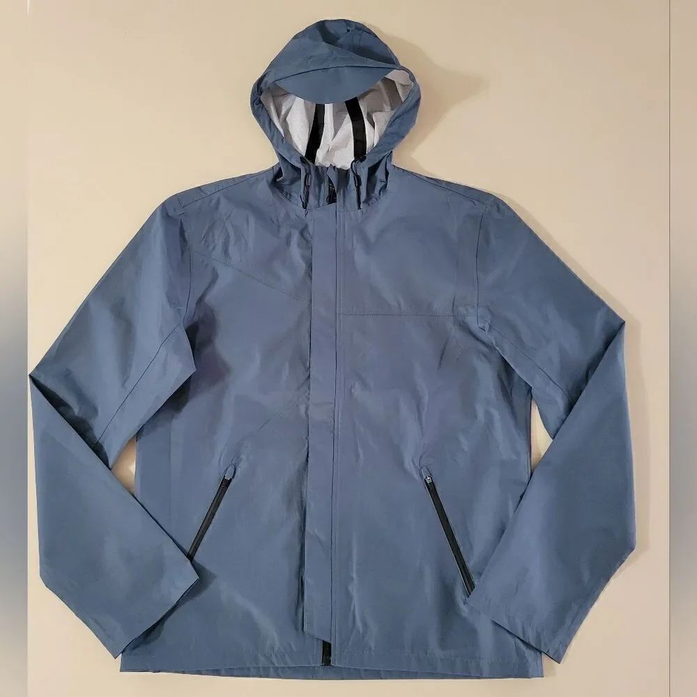 Your Turn Active Men's Blue Gray Hooded Performance Rain Jacket